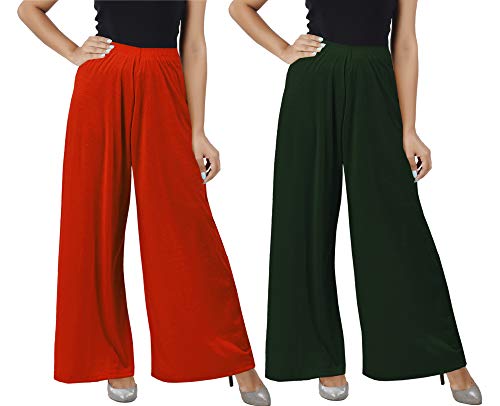 Image of Buy That Trendz M to 4XL Cotton Viscose Loose Fit Women M to 6XL Flared Wide Leg Palazzo Pants for Orange Bottle Green 2 of Pack Combo XXX-Large