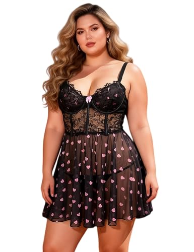 comeondear Babydoll Negligee für Frauen mit Bügel XXL Spitzen Nachtwäsche Große Größen Mesh Nachtkleid Dessous Damen Sexy Unterwäsche Curvy Nachthemd Reizwäsche Women Lingerie Set(Schwarz XXL)