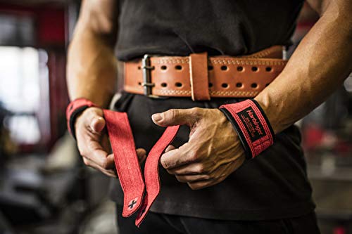 Image of Harbinger Padded Leather Lifting Straps, Red