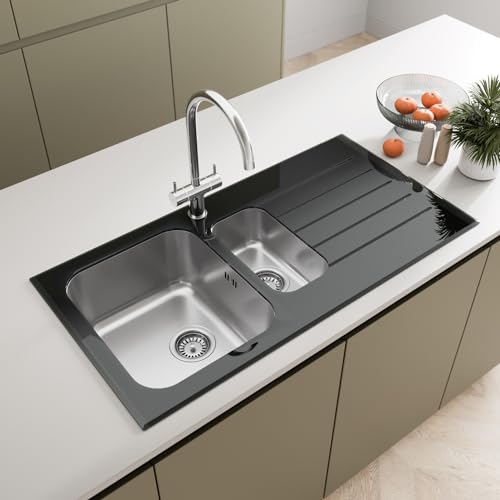 SÄUBER® 1000 x 500mm Stainless Steel Kitchen Sink Black Glass Surround 1.5 Bowl Inset Drop in Installation, Right Hand Drainer, Free Basket Strainer Waste