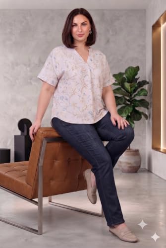 Image of SINDOORI Relaxed Fit Tops for Women Plus Size Solid Printed Mandarin Collar, Band Collar, V-Neck Top, Half Sleeve Loose Fit