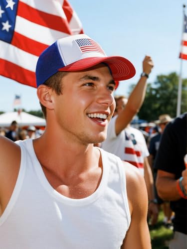 Image of American Flag Trucker Hat for Men Women, Adjustable Snapback Mesh USA Flag Baseball Cap