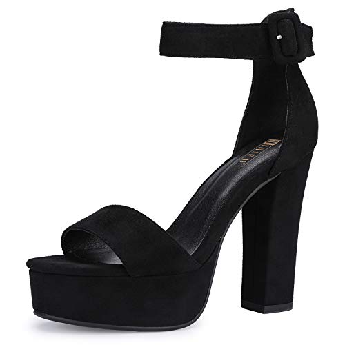IDIFU IN5 Sabrina Black Heels Platform Block Chunky High Ankle Strap Heeled Sandals Sexy Wedding Party Dress Shoes for Women Open Toe Heels (Black Suede, 65)