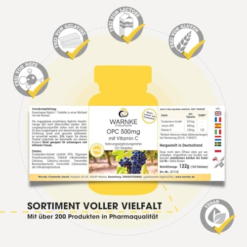 OPC 500 mg - 120 Tabletten Traubenkern-Extrakt mit gepuffertem Vitamin C, hochdosiert, vegan | Warnke Vitalstoffe - Deutsche Apothekenqualität