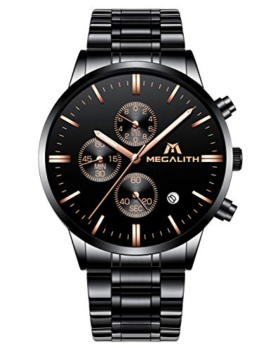 MEGALITH Mens Watches Men Military Waterproof Sport Chronograph Luminous Black Stainless Steel Wrist Watch Luxury Business Date Analogue Watches for Men