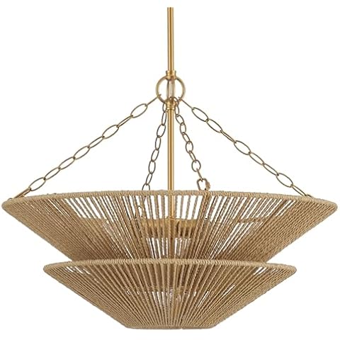 VANZARLA Modern Farmhouse Chandelier for Dining Room, 5-Lights Gold Chandelier for Entryway, Hand-Woven Rattan Pendant Light for Bedroom Kitchen Living Room Cover