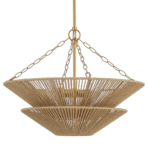 VANZARLA Modern Farmhouse Chandelier for Dining Room, 5-Lights Gold Chandelier for Entryway, Hand-Woven Rattan Pendant Light for Bedroom Kitchen Living Room