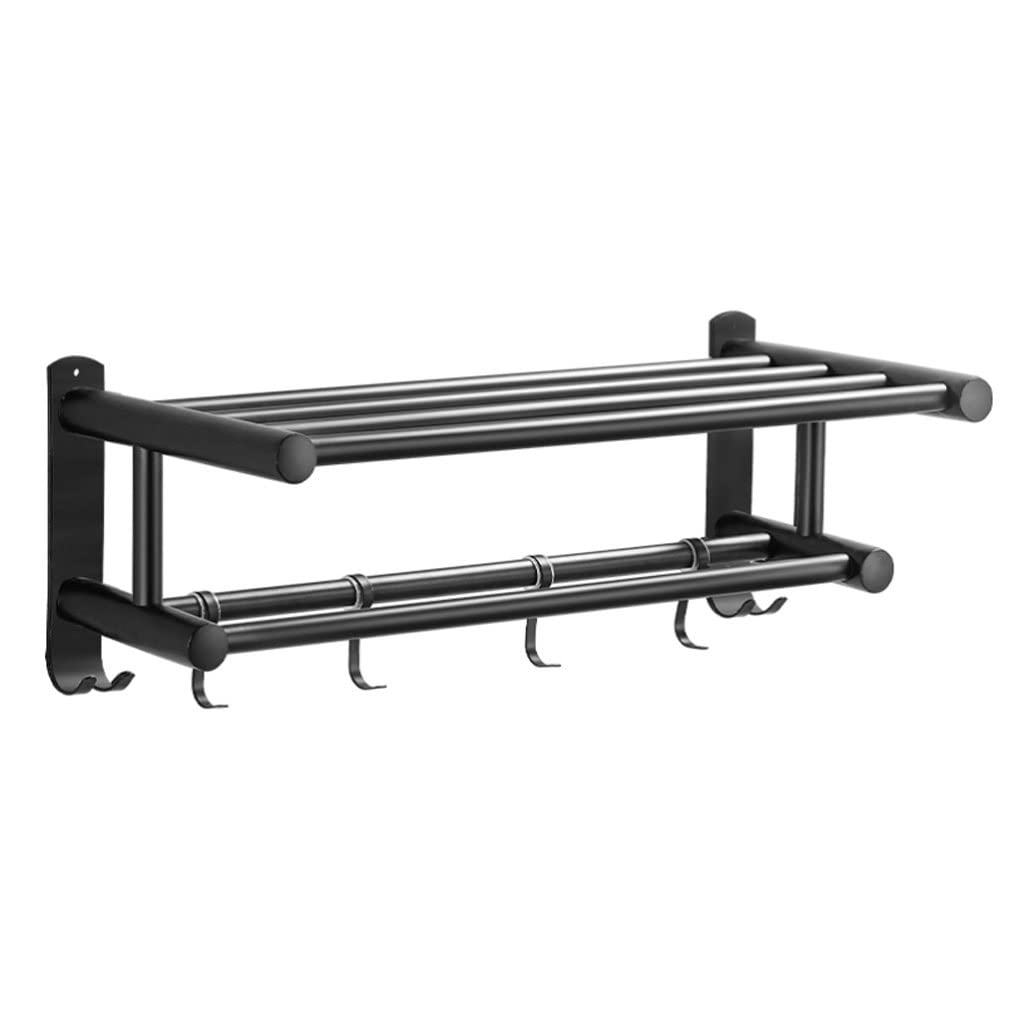 Bathroom Towel Holder Stainless Steel Towel Rack Wall Mounted Holder Black Shower Bars Hanger Shelf with Hooks Bathroom Accessories Compact Bathroom Storage(40cm)