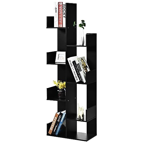 CASART 8-Tier Tree-Shaped Bookshelf, Freestanding Bookcase with Anti-toppling Device and Side Panel, Floor Standing Display Shelf Organizer for Living Room, Study Room, Home & Office (Black)