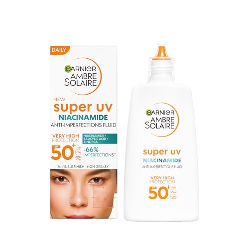 Garnier Protector solar UV para pieles propensas a la contaminación, protección solar ultra alta, FPS 50+, acabado invisible, Ambre Solaire Super UV Niacinamide Daily Fluid, 1 x 40 ml