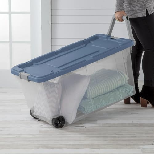 40-Gallon Wheeled Storage Bins (2-Pack) - Heavy Duty Plastic Totes with Lids & Handles - Industrial Garage/Utility Containers for Tools, Camping Gear (36.9" x 21.4") (Clear/Blue) - Image 5