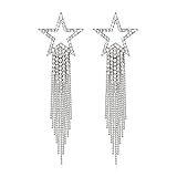 EVER FAITH Star Tassel Clip-on Earrings for Women, Crystal Long Waterfall Beaded Fringe Chandelier Dangle Drop Statement Earring Wedding Party Jewelry Clear Silver-Tone