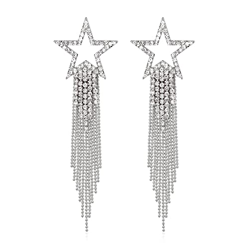 EVER FAITH Star Tassel Clip-on Earrings for Women, Rhinestone Crystal Long Waterfall Beaded Fringe Chandelier Dangle Drop Statement Earring Wedding Party Jewelry