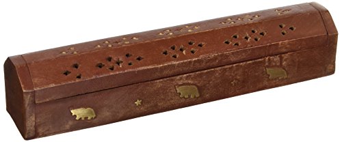 SouvNear - Bruciatore di incenso in legno, 30 cm, con vano portaoggetti in ottone intagliato a mano