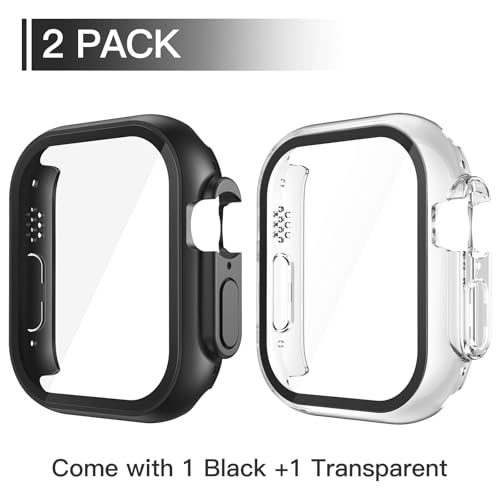 Image of Misxi 2 Pack PC Case Built-in Tempered Glass Screen Protector Compatible with 49mm Apple Watch Ultra 3 (2025) / Ultra 2 / Ultra, Shockproof Protective Cover with Button for iWatch, 1 Black + 1 Transparent