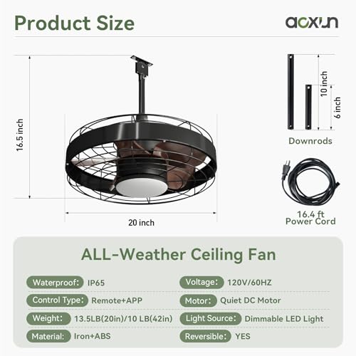 Image of Aoxun 20 Inch Ceiling Fans, Waterproof Outdoor Ceiling Fans with Lights and Remote, LED Dimmable DC Reversible Modern Fandelier with 2 Size Downrods and Hanging Hook for Gazebo, Pergola