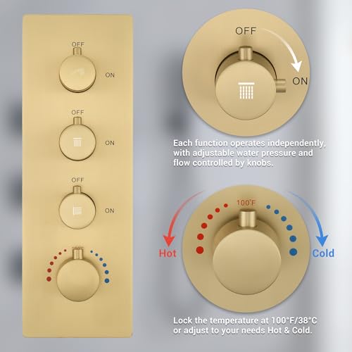JetsBath Brushed Gold Thermostatic Shower System with 6 Body Jets & 16-Inch Ceiling Rainfall Shower Head Luxury Full Body Shower Faucet with Handheld Sprayer, Shower Fixtures Set with Valve and Trim