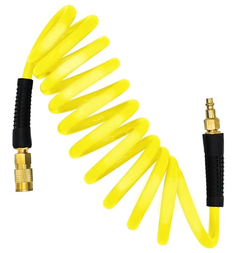 Image of YOTOO Polyurethane Recoil Air Hose 3/8" Inner Diameter by 10' Long with Bend Restrictor, Repairable 1/4" Industrial Quick Coupler and Plug, Yellow