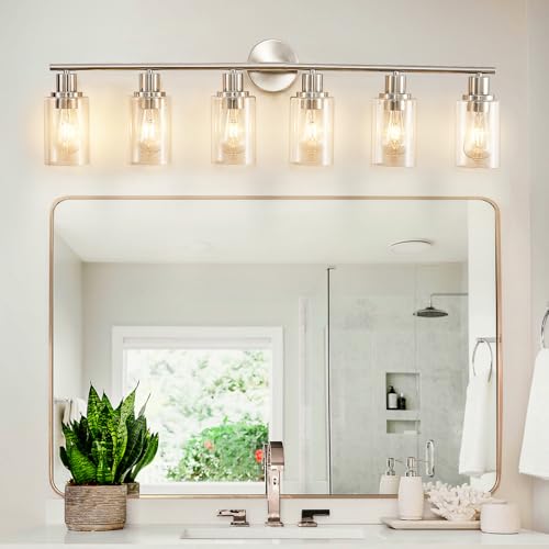 Image of DLLT 6-Light Bathroom Light Fixtures: Nickel Modern Vanity Lights with E26 Bulbs - Clear Glass Shade Bathroom Wall Lamp for Mirror Kitchen Living Room Hallway Cabinet Porch
