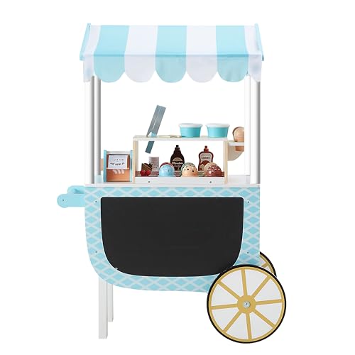 Teamson Kids My Little Helper Ice Cream Cart with Pretend Money, Colorful Magnetic Ice Cream Scoops and Chalkboard Panel, Blue/White