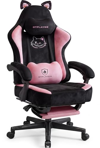 GTPLAYER Pink Gaming Chair Cute with Cat Ears Ergonomic Computer Chair with Cat Embroidery Adjustable Memory Foam Lumbar Support and Headrest Comfortable Reclining Office Chair Soft Velvet Fabric