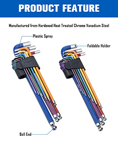 Rotation 18-Piece Hex Key Set, Extra Long Arm Ball End Allen Key Set, With Foldable Holders, 1/16-3/8In And 1-10Mm, Durable Color Surface By Plastic Spray, For Turning Screws With Foldable Holders #TOP1