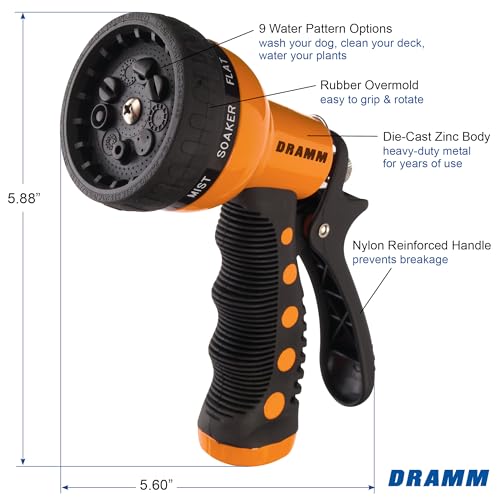 Image of Dramm Revolver Heavy Duty Metal Garden Hose Nozzle - 9 Spray Patterns, High Pressure Jet, Thumb-Control Flow, Ergonomic Grip - Orange