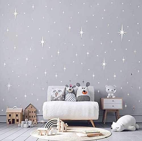 Retro Starburst Mirror Wall Decals Silver 3D Acrylic Sparkle Wall Decors Star Wall Stickers Removable Star Decals Home Wall Decors(123Pcs) #TOP1