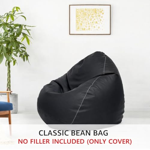 Image of Amazon Brand - Solimo Faux Leather 5XL Bean Bag Cover Without Beans, Classic Bean Bags Cover with Handle & Zipper, Bean Bag Cover for Living Room & Bedroom, 6 Months Warranty (Black with Grey Piping)