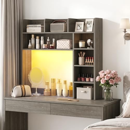 Image of Tangkula Desktop Bookshelf with LED Lights, Desk Hutch with 8 Shelves for Max 25 inch Monitor, Desktop 5-Tier Display Rack, Multipurpose Wood Desktop Storage Hutch Organizer for Dorm Office Home (Grey)
