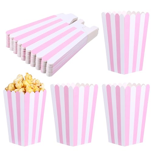 28 cajas reutilizables para palomitas de maíz con rayas rosas y blancas, para fiesta de cumpleaños, cine, 12,7 x 7,1 cm