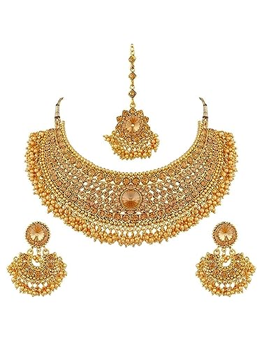 Efulgenz Indian Jewelry Sets for Women Bridal Jewelry Bollywood Traditional Crystal Faux Pearl Wedding Choker Necklace Earrings Maang Tikka Indian Wedding Jewelry