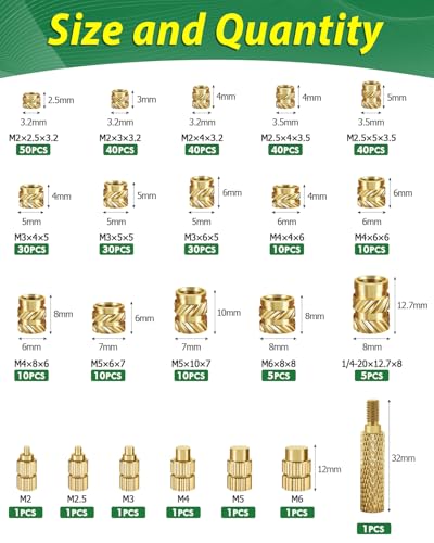 360 Stk Gewindeeinsatz M2 M2.5 M3 M4 M5 M6, Bolatus Einschmelzmuttern Messing mit Lötkolben Einschmelzhilfe, Gerändelt Einschmelzgewinde für Kunststoffteile, Gewindeeinsätze für 3D-Drucker Teile