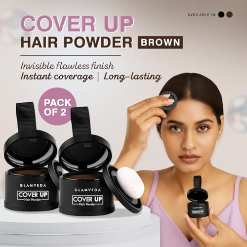 Image of Glamveda Cover-Up Hair Powder Brown 4gm (Pack of 2) | Covers Hairline Grey Roots & Bald Spots Instantly | Highly Pigmented, Fuller & Denser Look | Matte Finish | Long-Lasting | Flawless Application