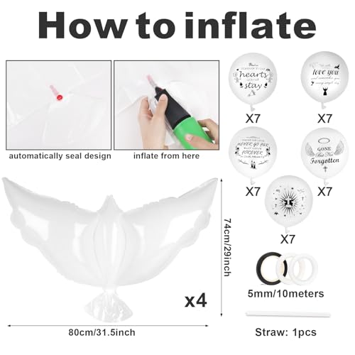 Image of 4PCS White Dove Balloons and 35PCS Memorial Balloons to Release in Sky Memorial Balloon for Release Happy Heavenly Balloon for Condolence, Funeral, Anniversary, Remembrance Services
