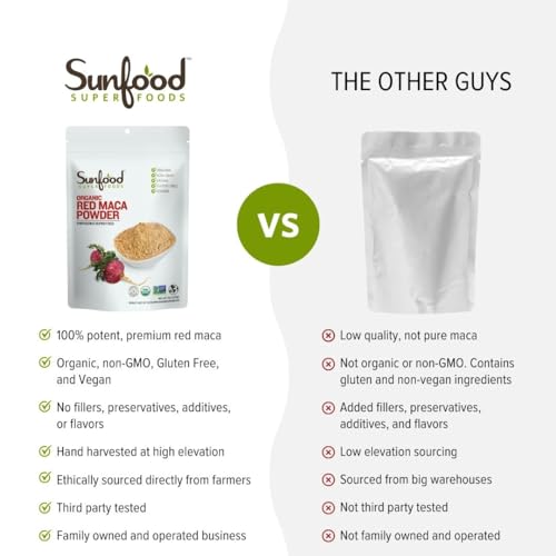 Sunfood Superfoods Organic Red Maca Powder - Red Maca Root Powder, Maca Powder Organic, Maca Supplement for Men & Women with Adaptogens, Peruvian, Raw, Vegan, Premium Maca powder - 8 Oz Bag