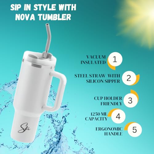 Image of SKi Homeware Insulated Tumbler Mug, 1250 ML, Stainless Steel, with Handle and Straw (White)