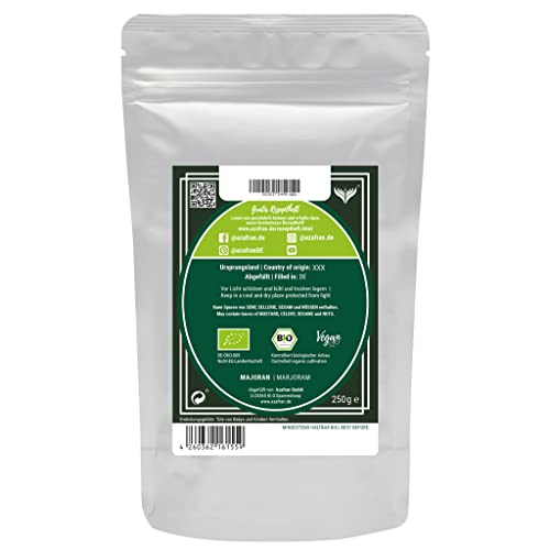 Azafran BIO Majoran, gerebelt & getrocknet, Majoranblätter (Gewürz Kräuter) geschnitten, auch für Tee 250g