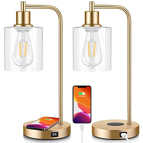Set of 2 Wireless Charging Industrial Table Lamps Gold 3-Way Touch Control Dimmable Desk Lamp with...