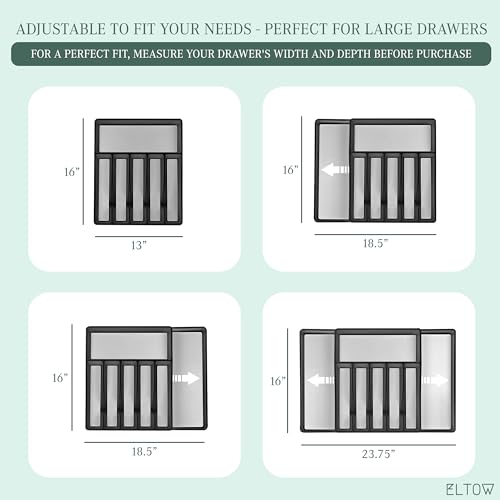 ELTOW Large Expandable Silverware Drawer Organizer, 8 Compartment Non-Slip & Adjustable Silverware Organizer for Drawer, Kitchen Organization for Utensils, Cutlery, Silverware Tray (Black)