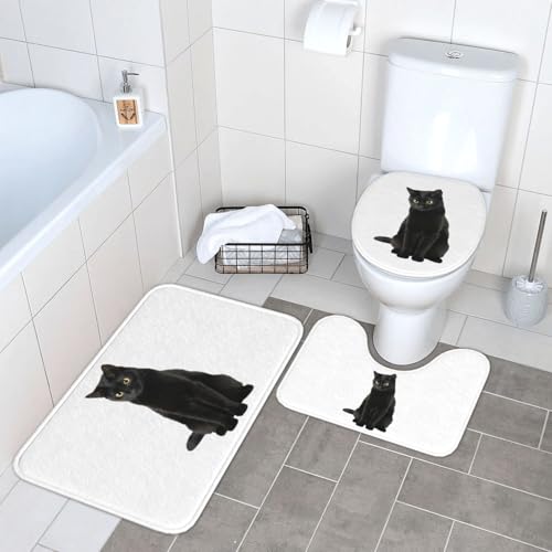 トイレマット 猫柄 ねこ 黒猫 かわいい ネコ バスマット 3点セット ふたカバー 吸水 おしゃれ 滑り止め トイレ床マット カーペット フタカバー 便座カバー U型 O型 兼用 浴室 家庭用