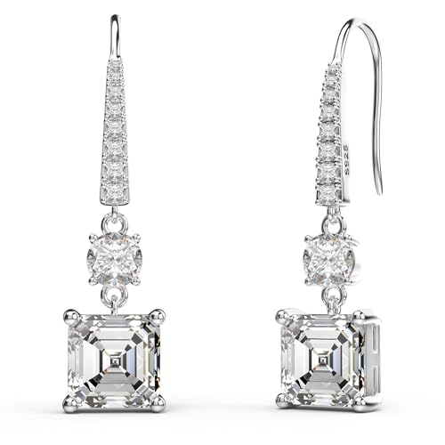 18K White Gold Plated Sterling Silver Square Asscher Cut Cubic Zirconia Dangle Earrings for Women Square CZ Diamond Drop Dangling Earrings for Women Mom