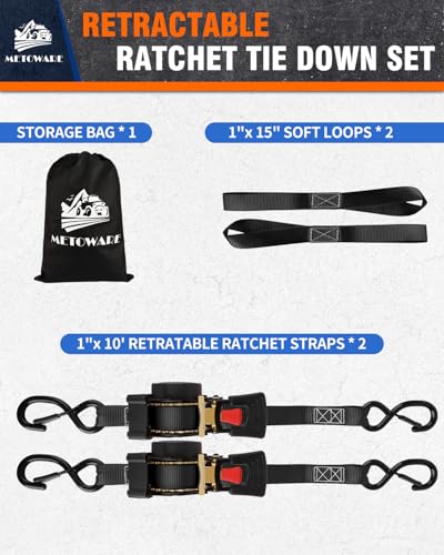 Image of METOWARE Retractable Ratchet Straps (2-Pack) - 1 in x 10 Ft (1500lb Break Strength) - Heavy Duty Auto Self Retracting Tie Down Straps for Truck, Trailer, Cargo Van, Motorcycle - Black