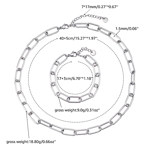 Miss Right Paperclip Chain Choker Necklace And Bracelet For Women Trendy Men Girls, Dainty Stainless Steel Paper Clip Cuban Link Necklaces Jewelry Set (16'' Silver Necklace + 7" Bracelet) #TOP2