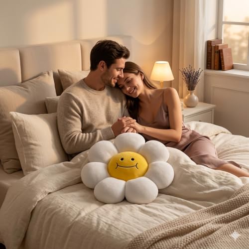 Image of AVSHUB Smiley Flower Cushion 40 cm | Soft Plush Pillow for Sofa Bed Decor | Cute Round Floral Shape Throw Cushion for Kids Room Living Room Gift Item (White)