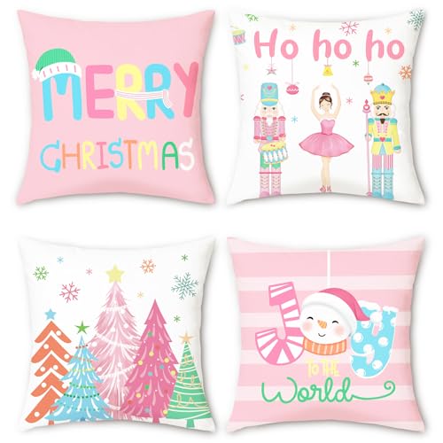Bonhause Fundas Cojines Navidad 45 x 45 cm Funda de Almohada Árboles de Navidad Cascanueces Copos Rosa Cojines Decorativos para Sofá Cama Hogar Exterior Juego de 4