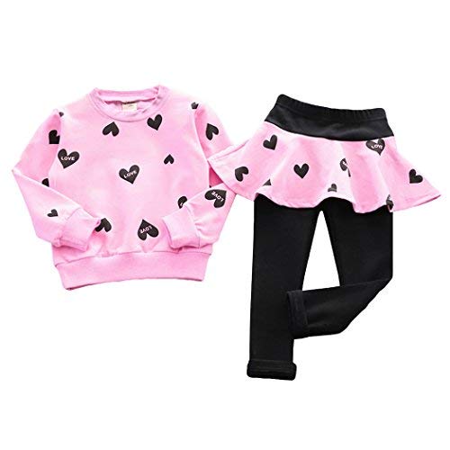 image for DDSOL Little Girls Clothes Heart Print Tops Ruffle Skirt with Legging 