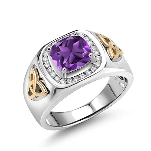 Gem Stone King Men's 925 Silver and 10K Yellow Gold Purple Amethyst and White Lab Grown Diamond Ring (2.36 Cttw, Gemstone Birthstone, Available In Size 7, 8, 9, 10, 11, 12, 13)