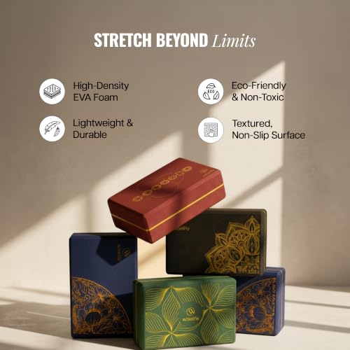 Image of WiseLife Printed Yoga Blocks | Yoga Brick (Pack of 2, Extra Large Size), High-Density EVA Foam Soft Surface for Balance, Support & Performance, Strength Training Exercise (Navy Blue)