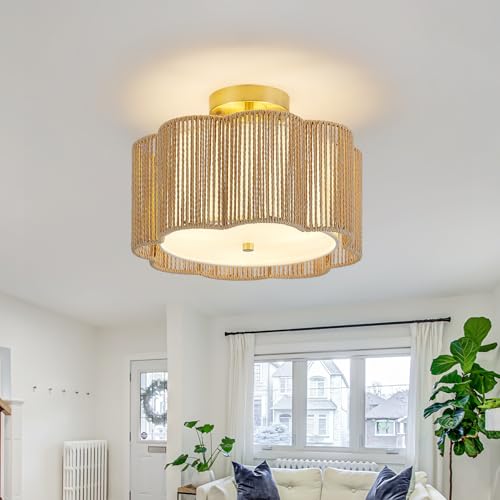 WILON 13.07'' Rattan Ceiling Light Fixture Flower Petal Design, 3-Light